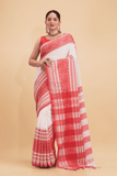 Durga Puja Saree Handloom Cotton in Red White-013 - indeloom