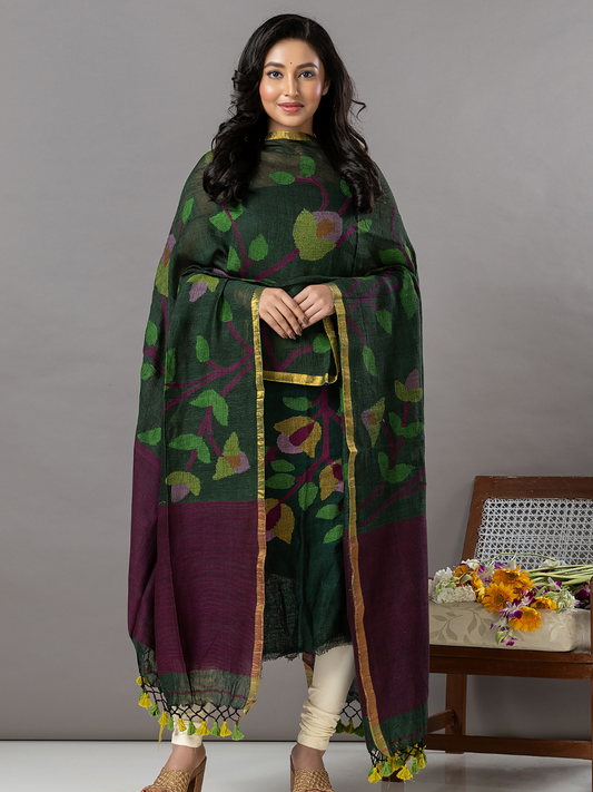 Handwoven Jamdani Linen Unstitched 2-Piece Kurti | Forest Green