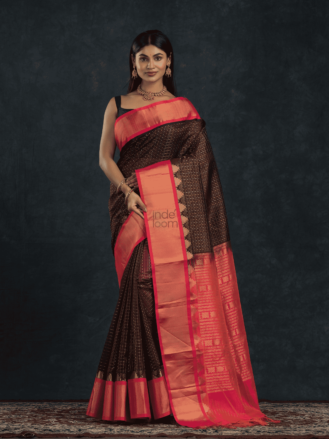 Pure Handloom Korvai Silk Cotton Lakshadeepam Saree in Rich Chocolate Brown and Multishade Pink Border - 146
