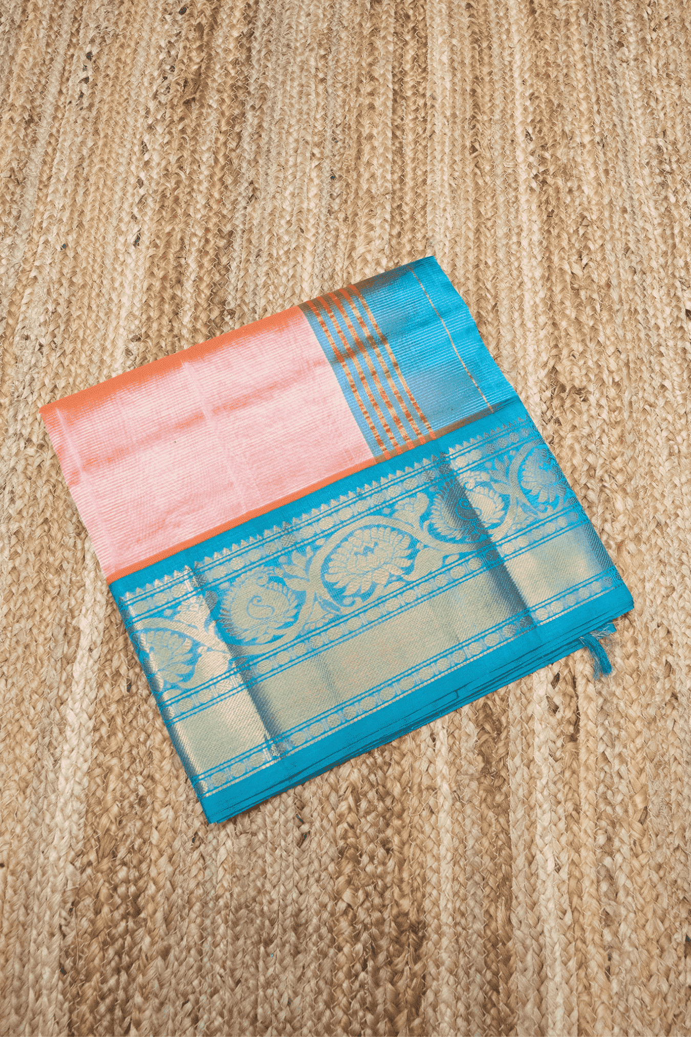 Pure handloom Korvai Silk Cotton Saree in Peach and Azure Blue Border - 054