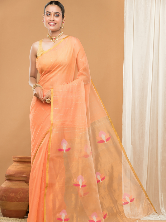 Tissue Muslin Jamdani Saree With Peach Orange And Golden Charm -011