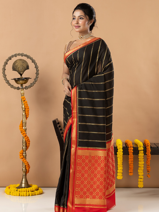 Classic Mysore Semi Silk Saree | Jet Black
