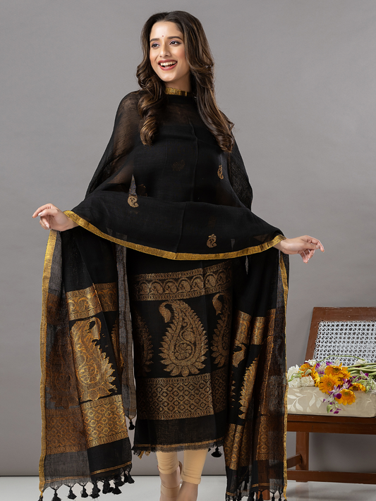 Handwoven Jamdani Linen Unstitched 2-Piece Kurti | Jet Black