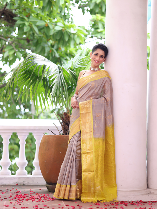 Pure Handloom Korvai Saree | Silver Grey