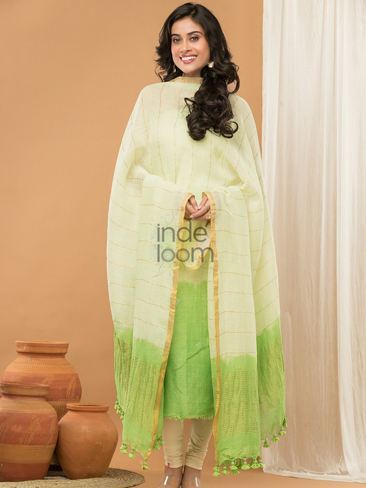 Soft Sage | Handloom Jamdani Linen Unstitched 2-Piece Kurti | Ombre Design