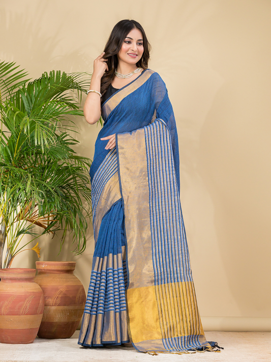 Cotton Linen Handloom Saree With Royal Blue - 015