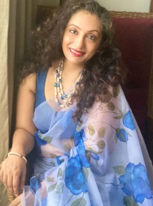 Blue Colour Florals on Organza Hand-painted Saree-008 - indeloom