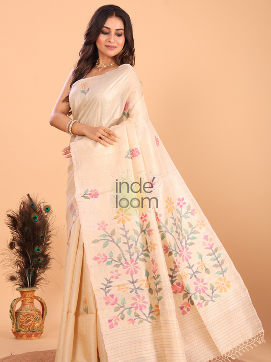 Handloom Bengal Tissue Silk Saree | Warm Ivory