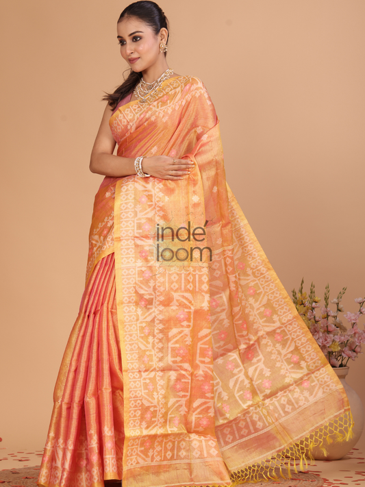 Tissue Silk Jamdani Saree With Neon Orange - 121