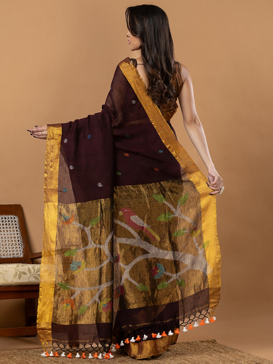 Handwoven Jamdani Linen Saree | Burgundy