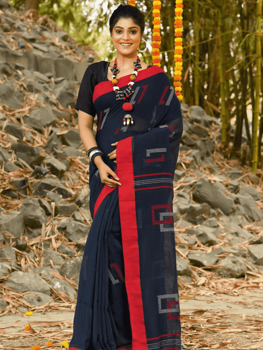 Jet Black -Handloom Cotton Saree-076 - indeloom