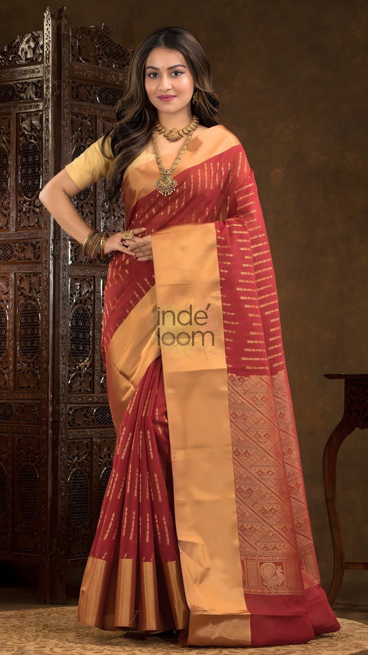 Cherry Red Cotton Silk Saree - 017