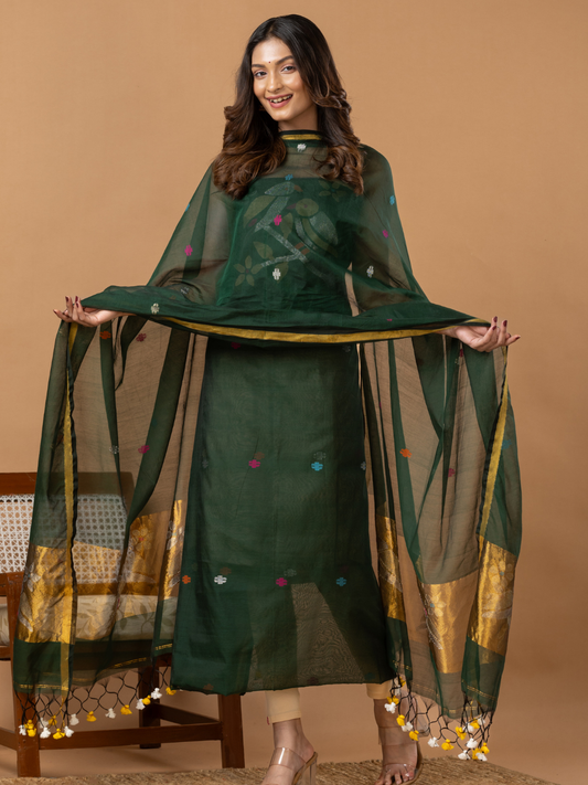 Handwoven Jamdani Muslin Unstitched 2-Piece Kurti | Forest Green