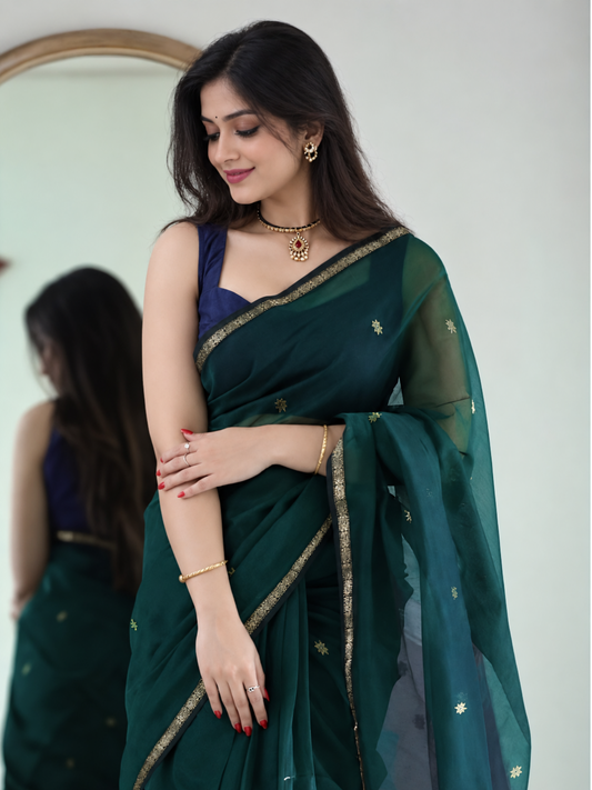 Maheshwari Silk Cotton Saree – Festive Elegance | Pine Green