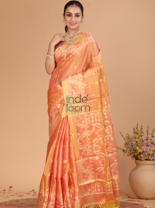 Tissue Silk Jamdani Saree With Neon Orange - 121