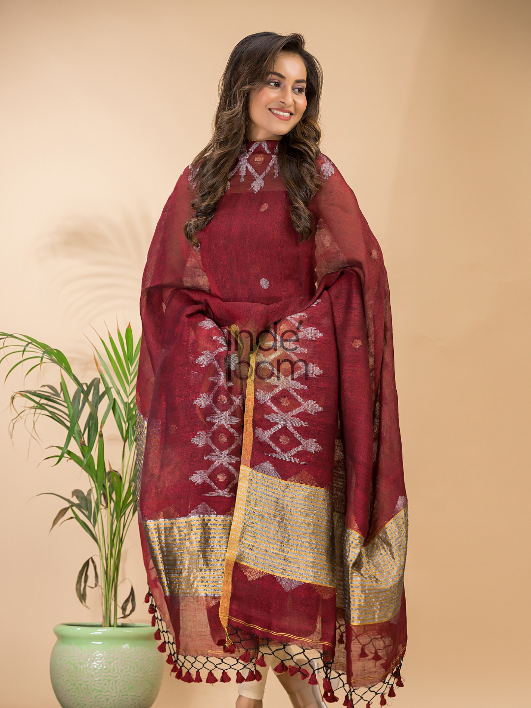 Handwoven Jamdani Linen Kurti | Wine Red