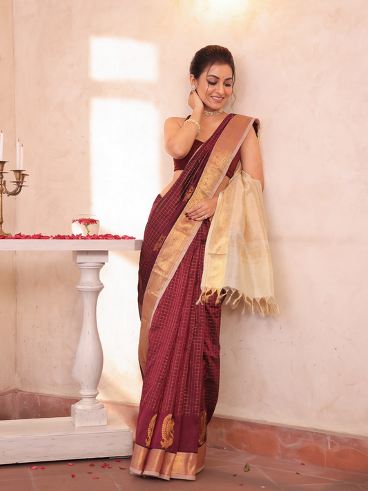 Pure Handloom Korvai Saree | Wine Red
