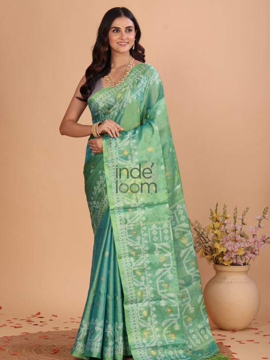 Tissue Silk Jamdani Saree With Shaded Teal Green - 122
