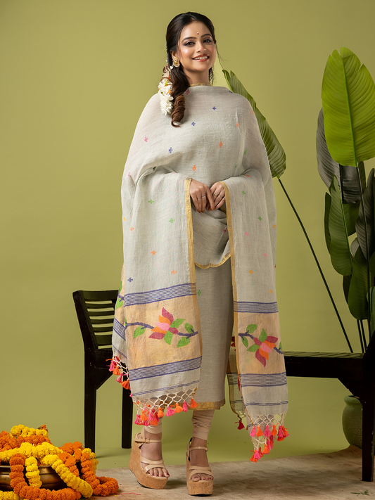 Handwoven Jamdani Linen Unstitched 2-piece Kurti | Basil Green and Green | All-over Buttas with Floral border