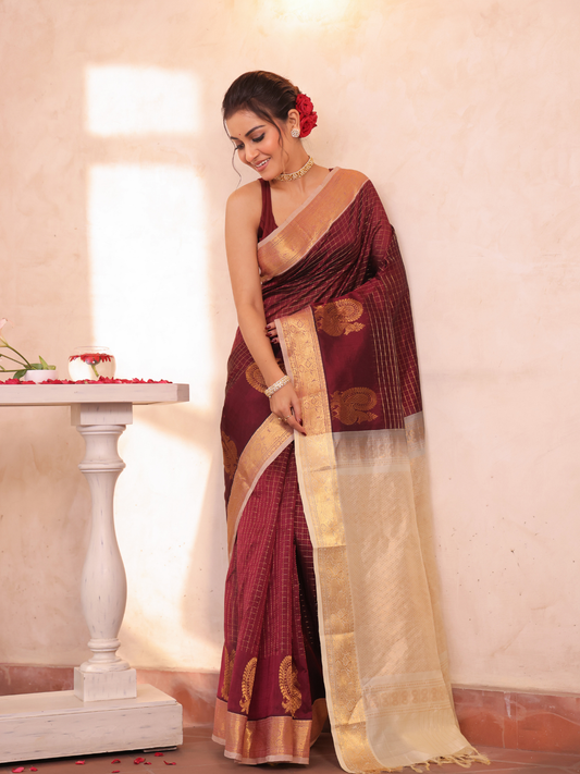 Pure Handloom Korvai Saree | Wine Red