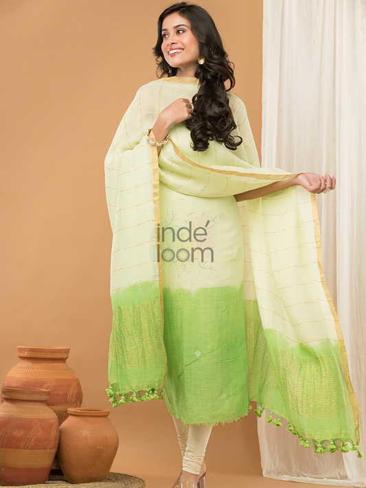 Soft Sage | Handloom Jamdani Linen Unstitched 2-Piece Kurti | Ombre Design