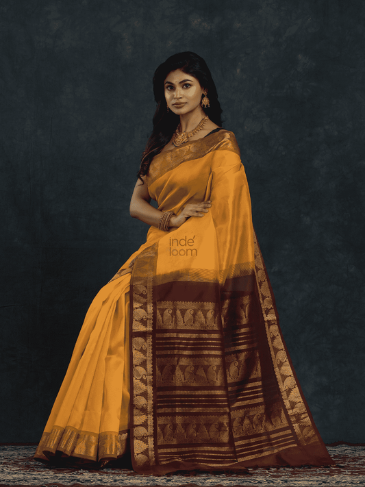Pure Handloom Korvai Saree | Golden Yellow and Brown