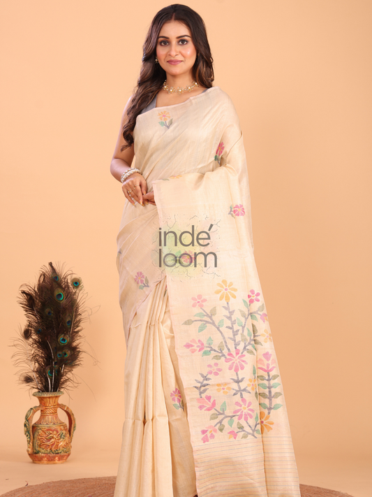 Handloom Bengal Tissue Silk Saree | Warm Ivory