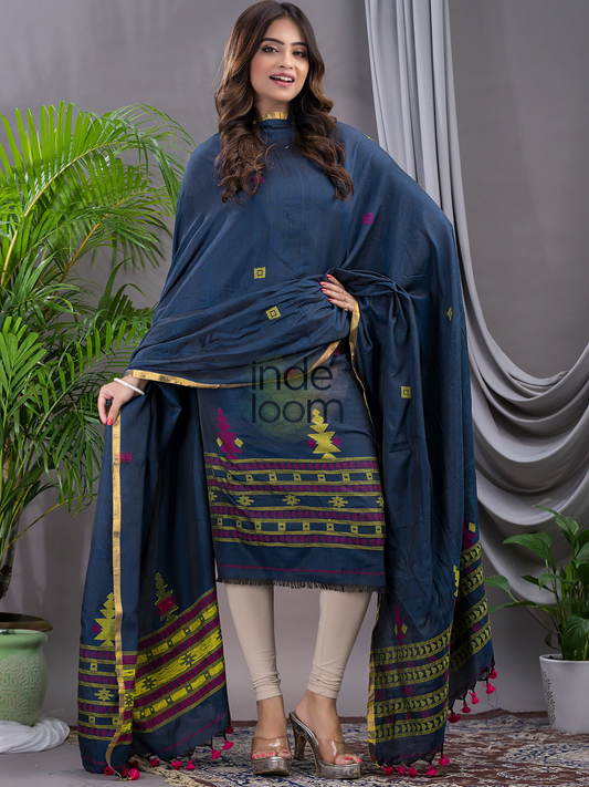Indigo Slate | Handloom Jamdani Silk-Cotton Unstitched 2-Piece Kurti | Baluchari Design