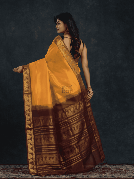 Pure Handloom Korvai Saree | Golden Yellow and Brown