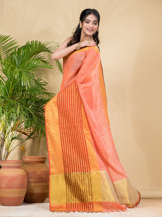 Cotton Linen Handloom Saree With Pale Orange - 014