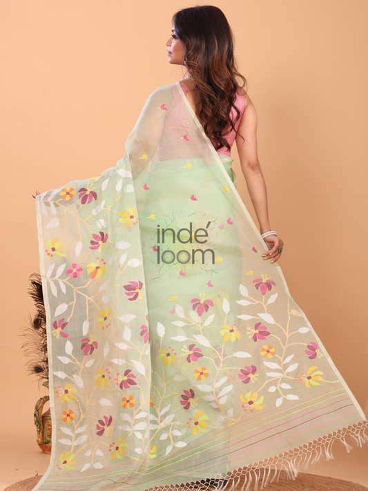 Handloom Jamdani Saree With Light Green - 146