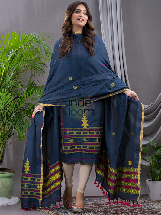 Indigo Slate | Handloom Jamdani Silk-Cotton Unstitched 2-Piece Kurti | Baluchari Design