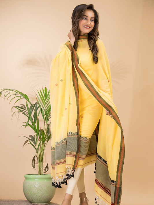 Pale Marigold | Handloom Jamdani Cotton Unstitched 2-Piece Kurti | Baluchari Design