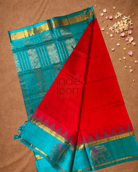 Handloom Korvai Silk Cotton Saree | Coral Red
