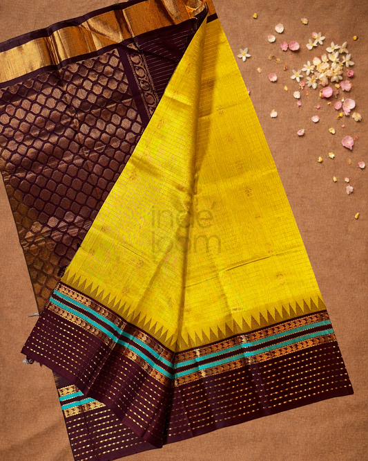 Handloom Korvai Silk Cotton Saree | Golden Yellow