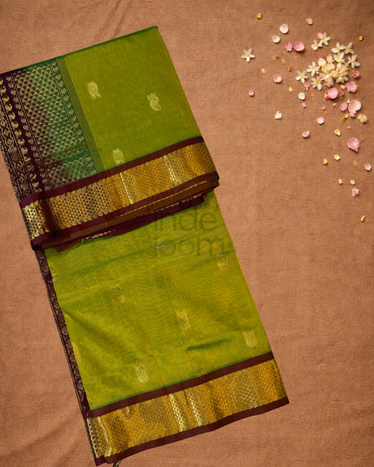 Handloom Korvai Silk Cotton Saree | Lime Green