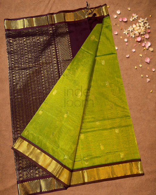 Handloom Korvai Silk Cotton Saree | Lime Green