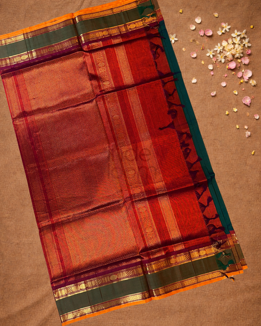 Handloom Korvai Silk Cotton Saree | Deep Teal
