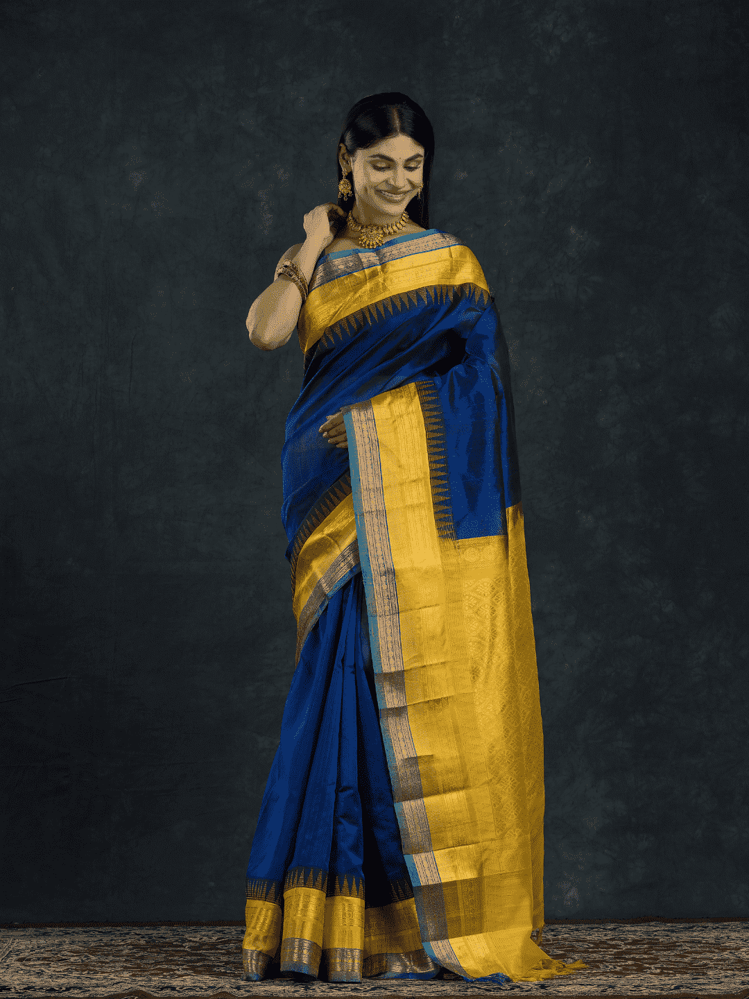 Pure Handloom Korvai Saree | Regal Blue and bright Yellow