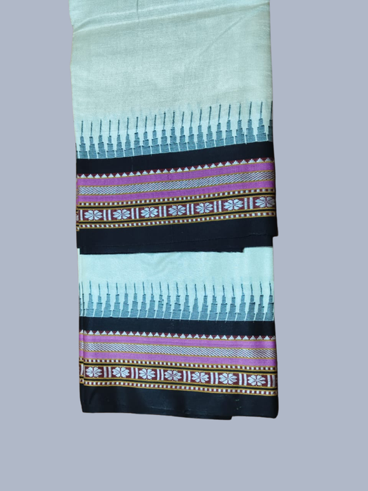 Dark Black Handloom Vidarbha Tussar Silk Saree with Multicolor Contrast Border -011