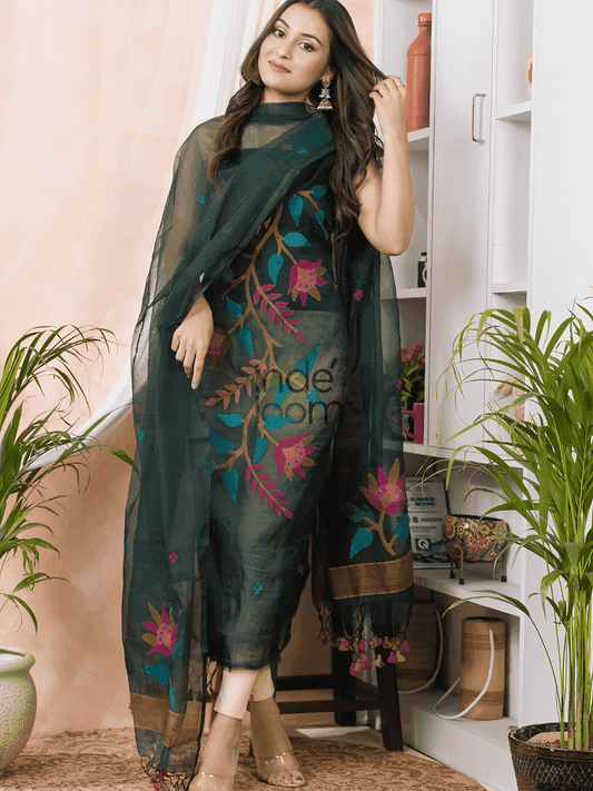 Very Dark Cyan | Handloom Jamdani Muslin Unstitched 2-Piece Kurti | Tantuj Design