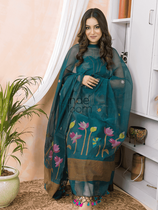 Deep Teal | Handloom Jamdani Muslin Unstitched 2-Piece Kurti | Classic Design