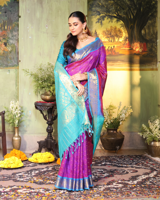 Pure Handloom Korvai Saree | Magenta and Turquoise Blue