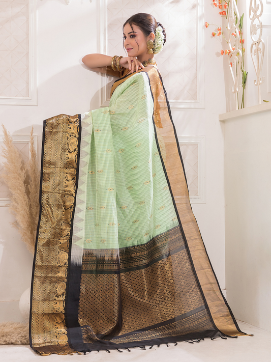 Pure Handloom Korvai Saree | Mint Green and Golden Black