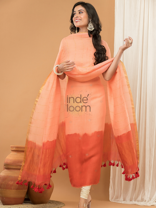 Coral Orange | Handloom Jamdani Linen Unstitched 2-Piece Kurti | Ombre Design