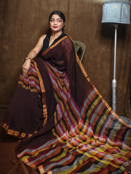Pure Handloom Linen Saree | Wine Red