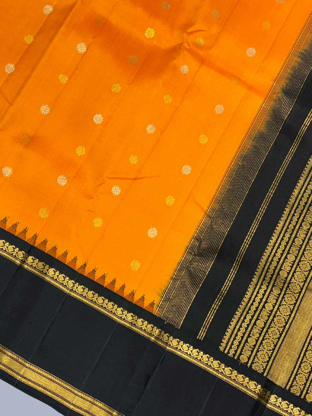 Fire Orange and Black Border Pure Handwoven Kanchi Silk Saree -205