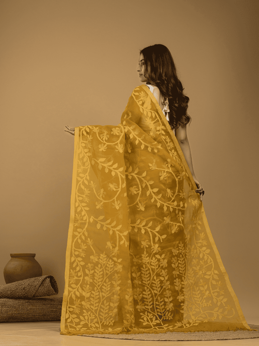 Jamdani Saree With Golden Yellow - 02 - indeloom
