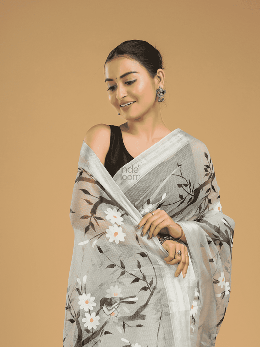 Kota Doria Handpainted Saree With Space Black - 002 - indeloom