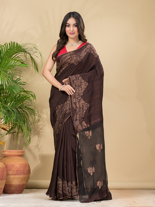 Matka Silk Jamdani Saree With Dark Brown - 022